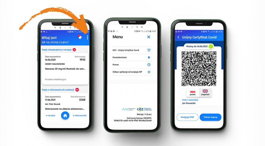 Trzy ekrany aplikacji: widok startowy z zaznaczoną przyciskiem menu, widok z otwartym menu, widok z Unijnym Certyfikatem Covid w postaci kodu QR