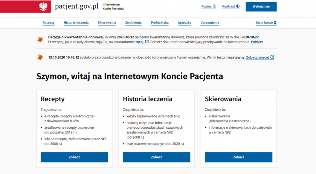 Zrzut ekranu portalu pacjent.gov.pl z informacją o kwarantannie i badaniu na obecność koronawirusa