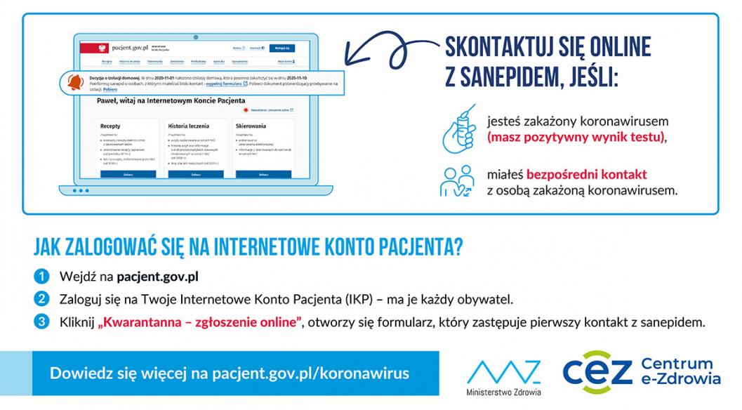 Zrzut ekranu IKP z informacją o nałożeniu izolacji domowej i napisem Skontaktuj się online z sanepidem, jeśli jesteś zarażony koronawirusem (masz pozytywny wynik testu), miałeś bezpośredni kontakt z osobą zarażoną koronawirusem. Poniżej instrukcja logowania do IKP i logo MZ oraz CeZ