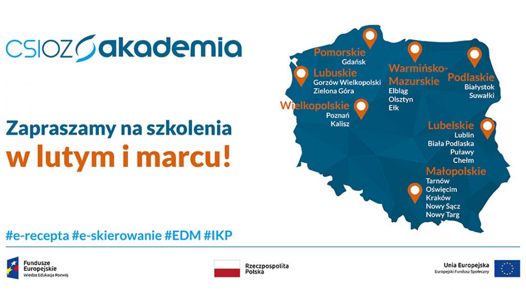 Infografika - Akademia CSIOZ w lutym i marcu w 19 miastach