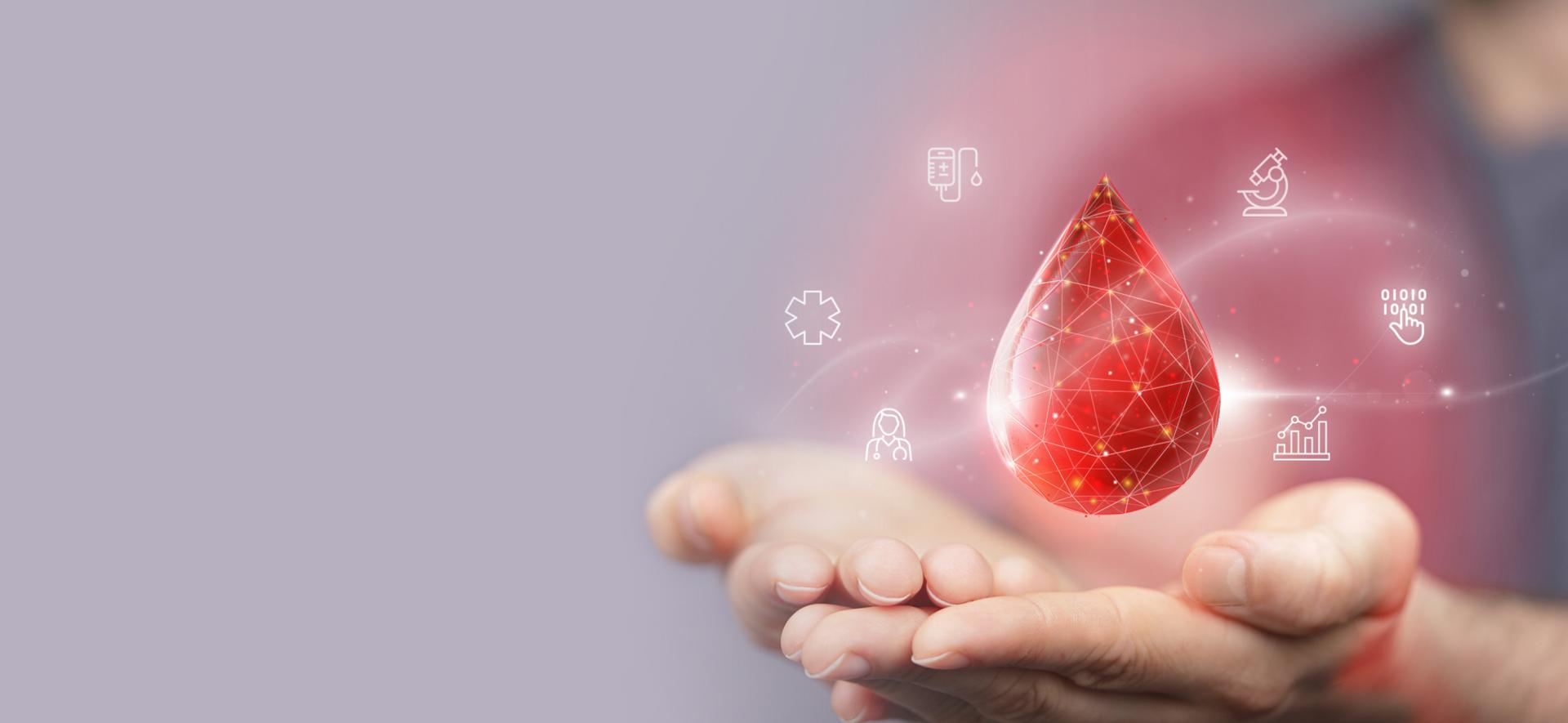 dłonie trzymające wirtualną kroplę krwi, wokół piktogramy przedstawiające funkcjonalności systemu e-Krew