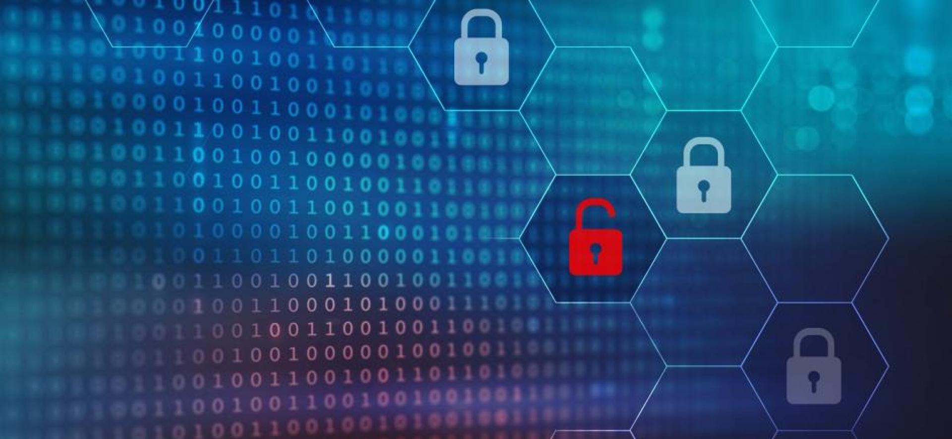 graficzna reprezentacja cyberbezpieczeństwa, cyfrowe połączenia i kłódki symbolizujące bezpieczeństwo