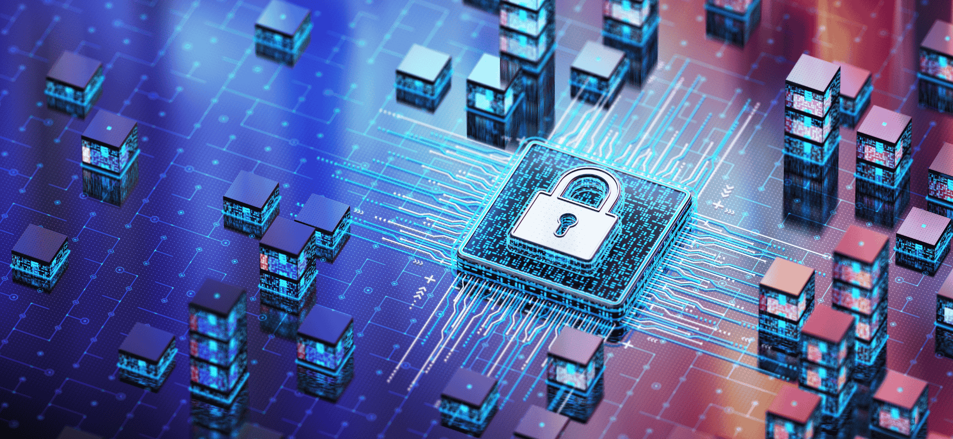 graficzne prostopadłościany w tym jeden z ikoną kłódki