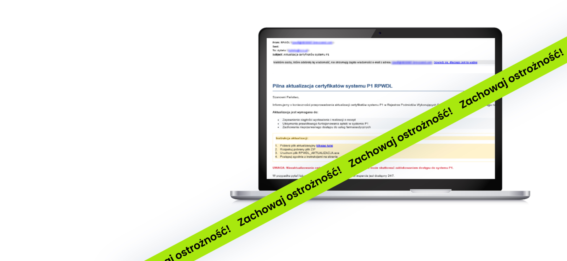 fałszywy email i taśma z napisem ostrzezenie