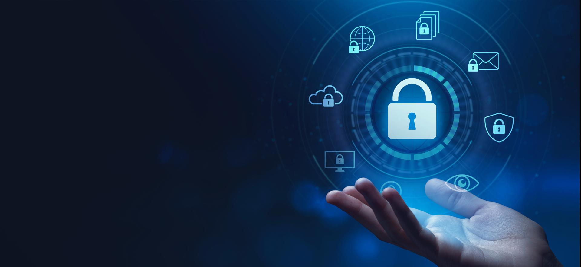 dłoń, nad nią unosi się cyfrowa kłódka, a dookoła kłódki są różne ikony