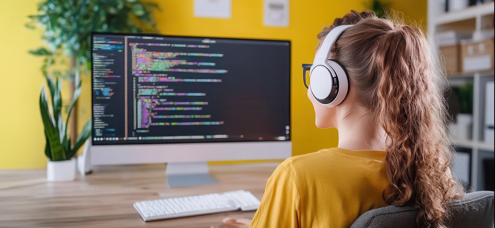 Kobieta ze słuchawkami przy komputerze