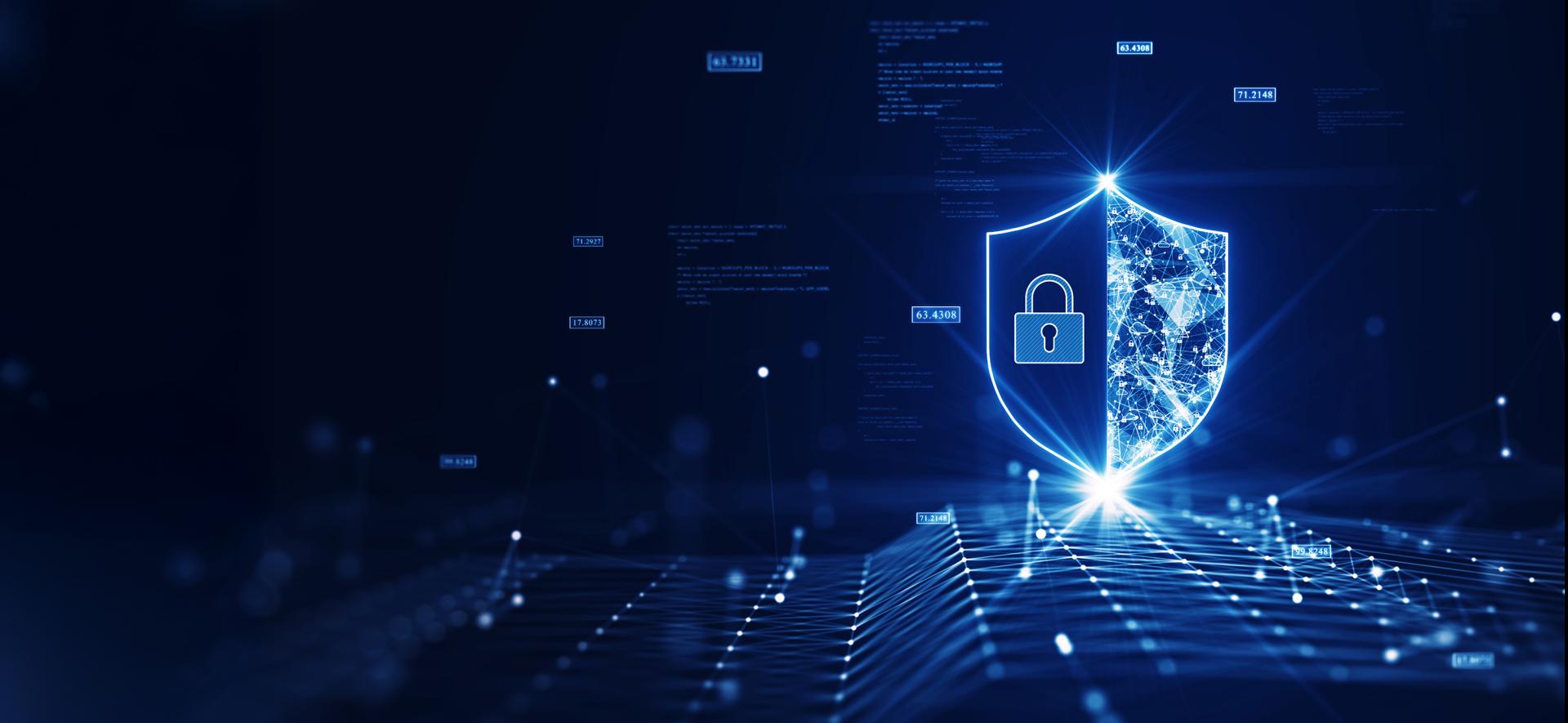 grafika przedstawiająca tarczę skonstruowaną ze światła, która symbolizuje cyberbezpieczeństwo