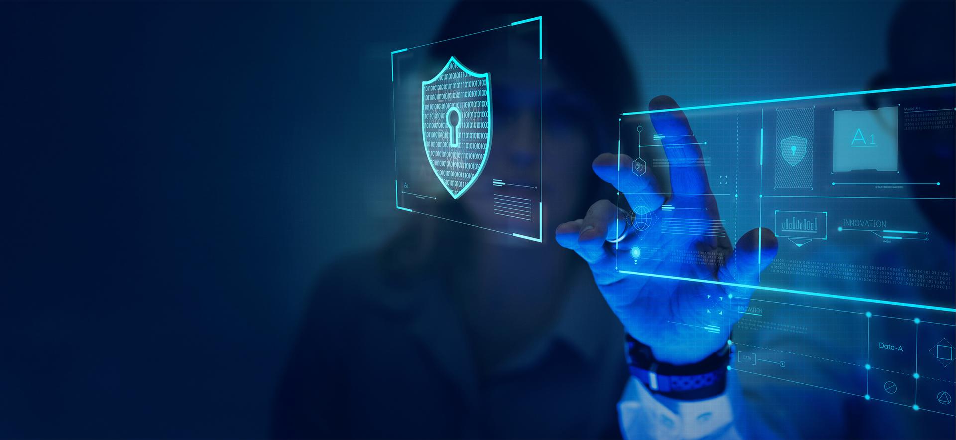 ręka i równie ikony reprezentujące cyberbezpieczeństwo