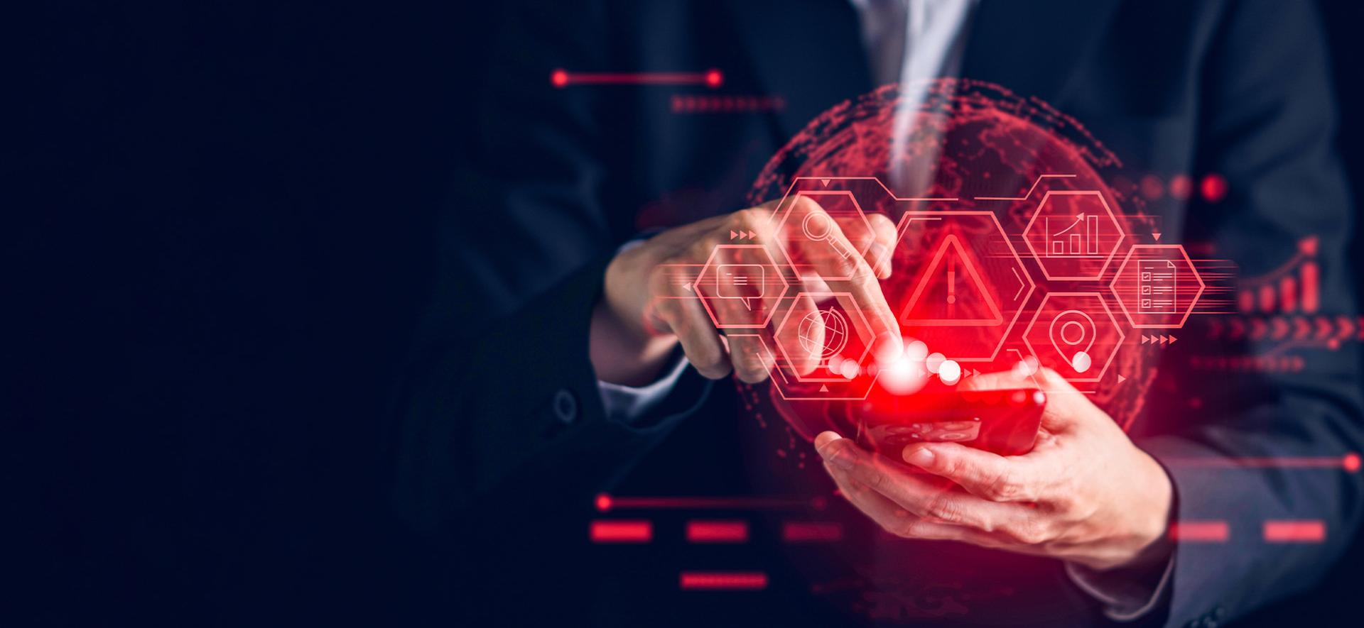 czerwone ikony lewitujące nad dłońmi osoby w garniturze