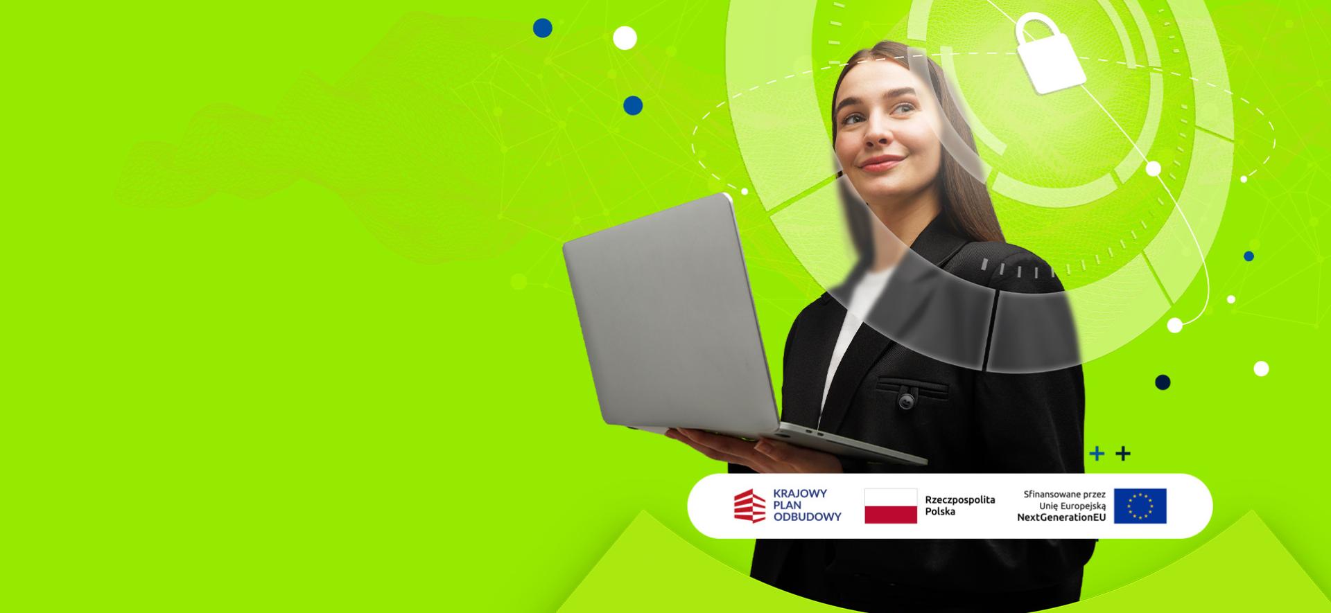 kobieta trzyma laptop, jest na limonkowym tle, wokół są umieszczone okręgi i symbol zamkniętej kłódki