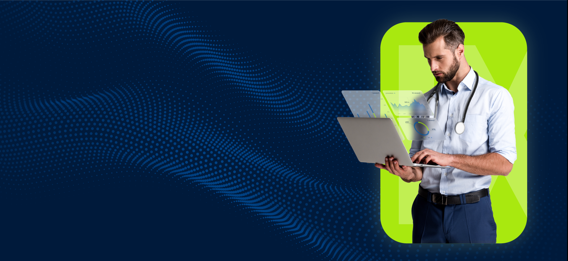 mężczyzna z laptopem na zielono-granatowym tle