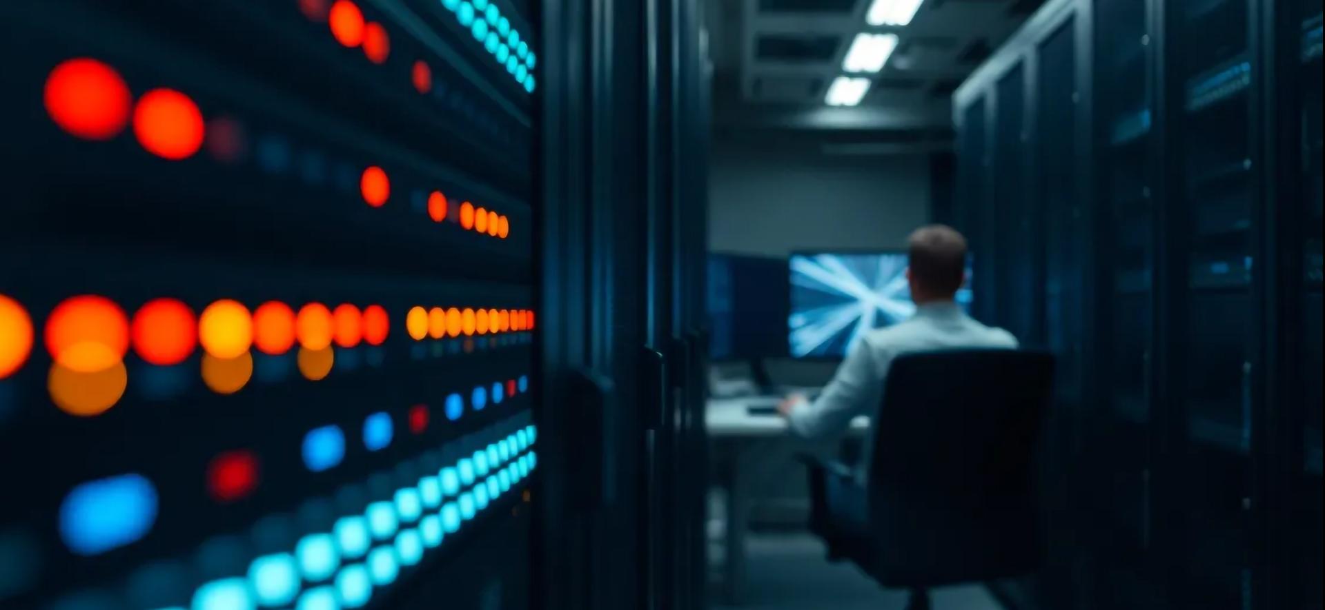 mężczyzna patrzący na monitor komputera w serwerowni