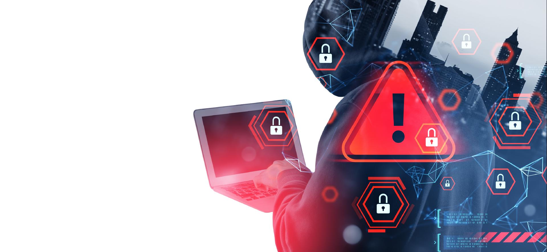 czerwony trójkąt z wykrzyknikiem na tle postaci z laptopem