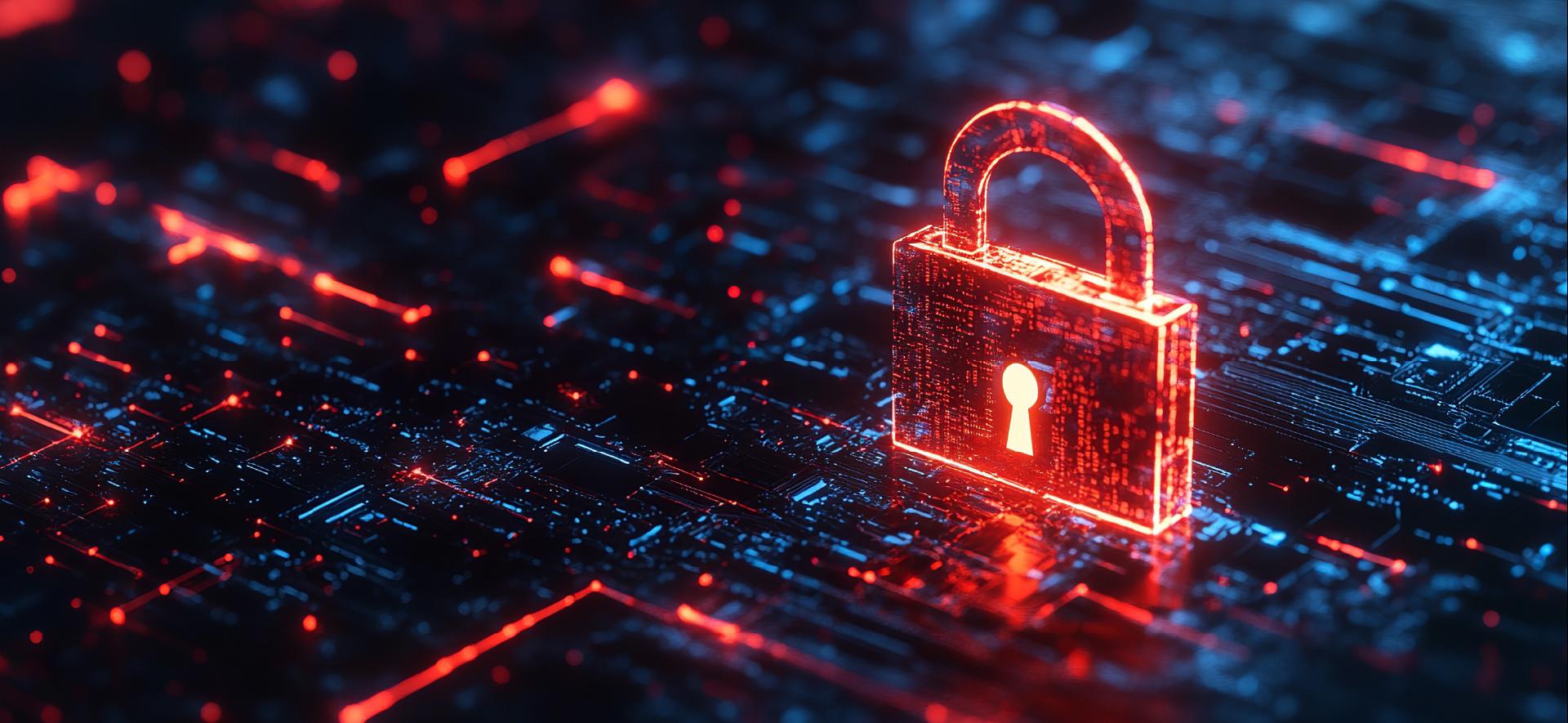 czerwona cyfrowa kłódka na tle graficznych układów scalonych