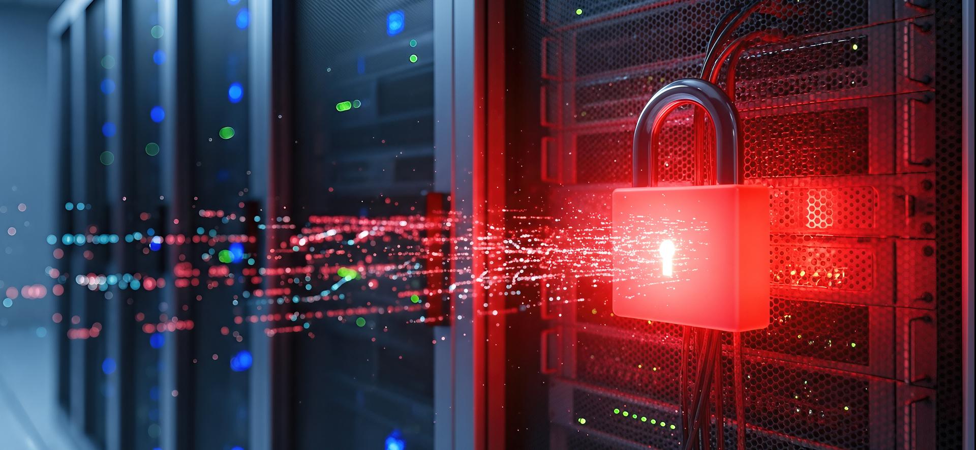 czerwona cyfrowa kłódka na szafce z serwerem, a której przez dziurkę od klucza wypływają dane