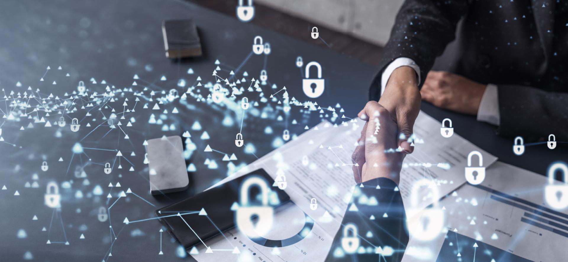 uściśnięte ręce i dużo ikon białych kłódek