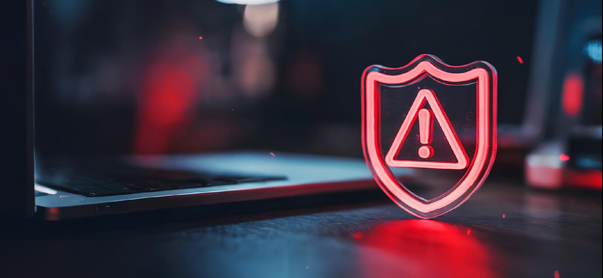 czerwony trójkąt z wykrzyknikiem w środku unosi się nad klawiaturą laptopa