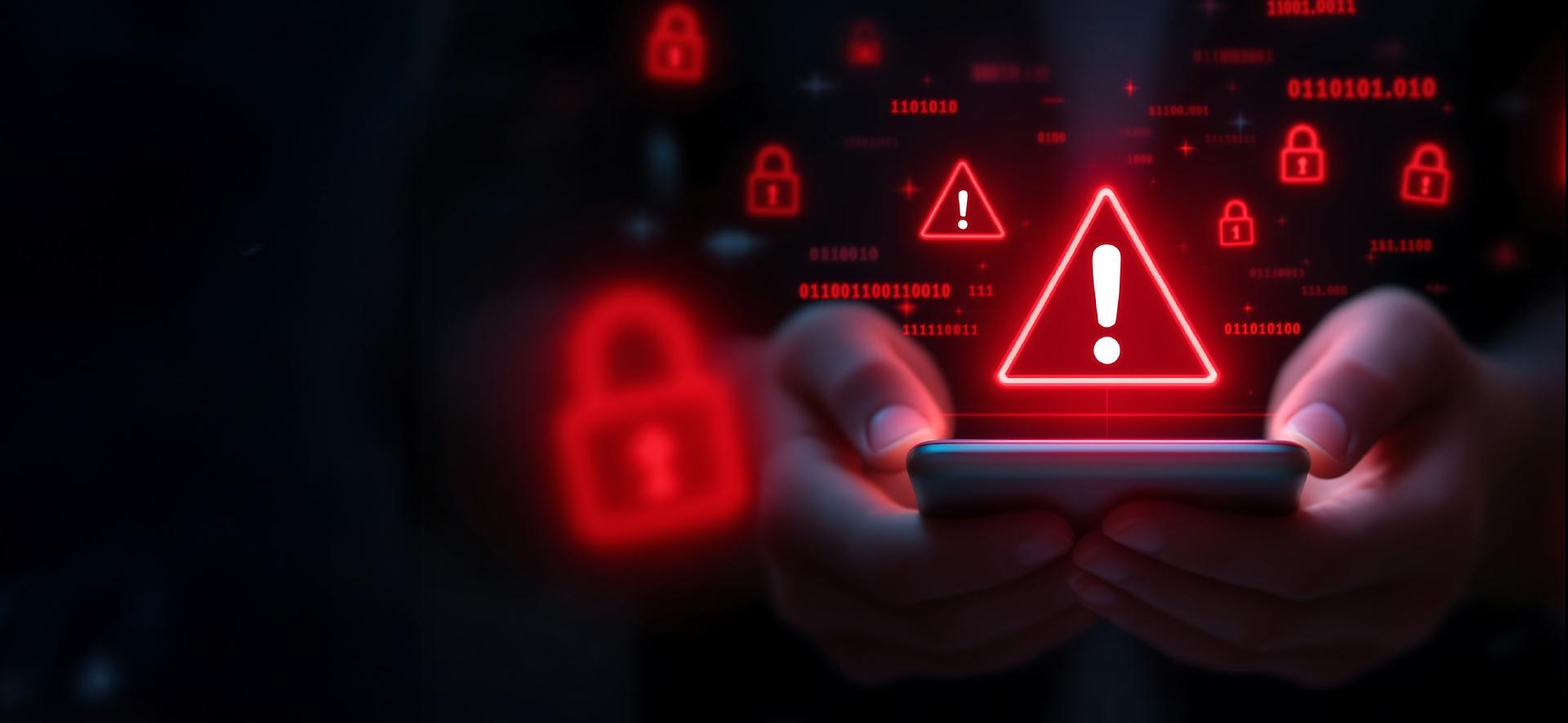 czerwony trójkąt z wykrzyknikiem w środku unosi się nad klawiaturą laptopa