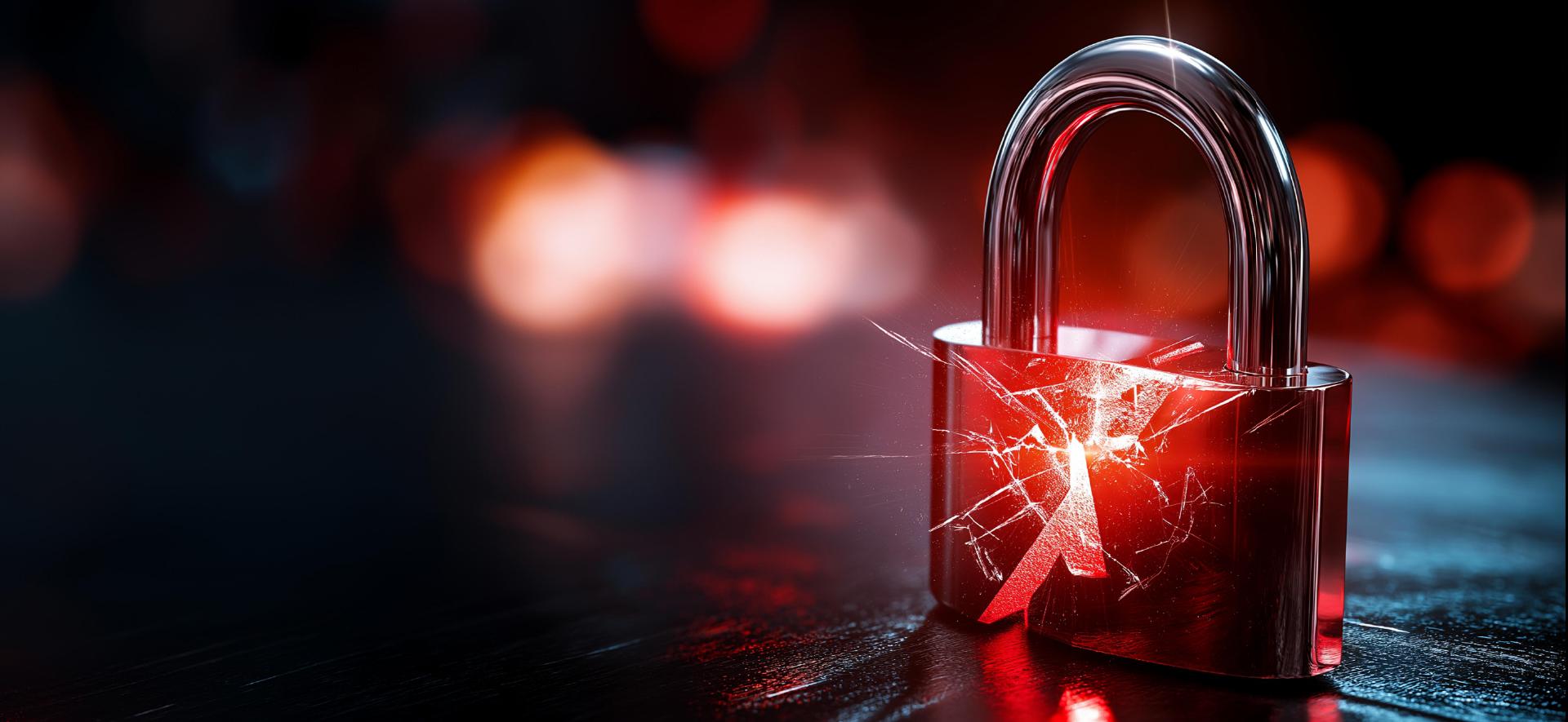rozbita kłódka oświetlona na czerwono