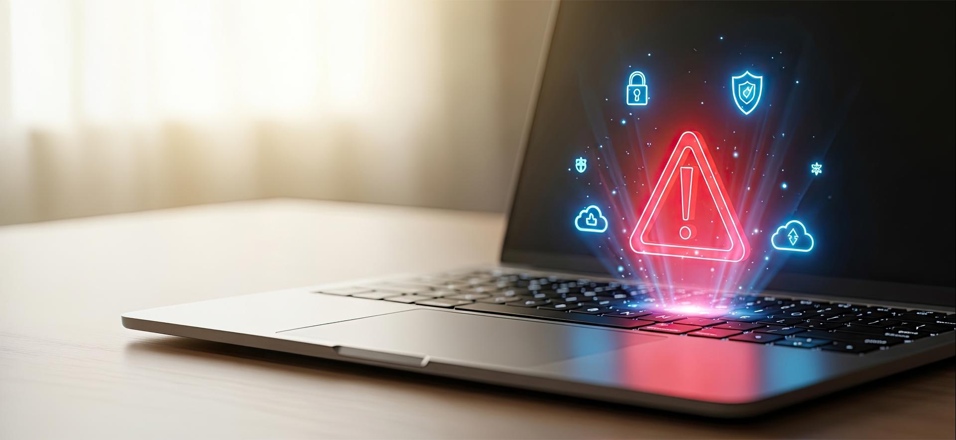 czerwony trójkąt z wykrzyknikiem unosi się nad klwiaturą komputera