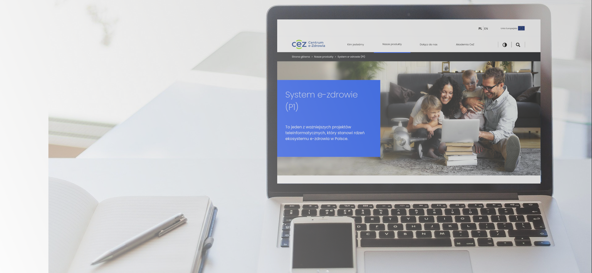 ekran laptopa z wyświetloną stroną internetową Centrum e-Zdrowia