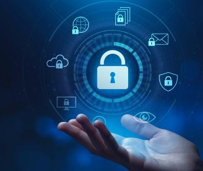 dłoń, nad nią unosi się cyfrowa kłódka, a dookoła kłódki są różne ikony