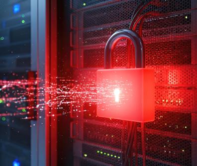 czerwona cyfrowa kłódka na szafce z serwerem, a której przez dziurkę od klucza wypływają dane