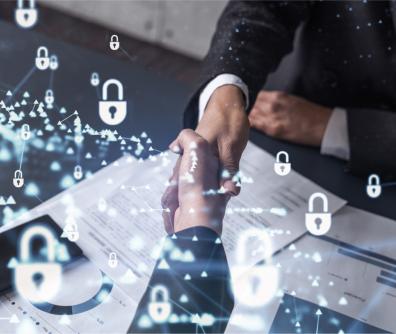 uściśnięte ręce i dużo ikon białych kłódek