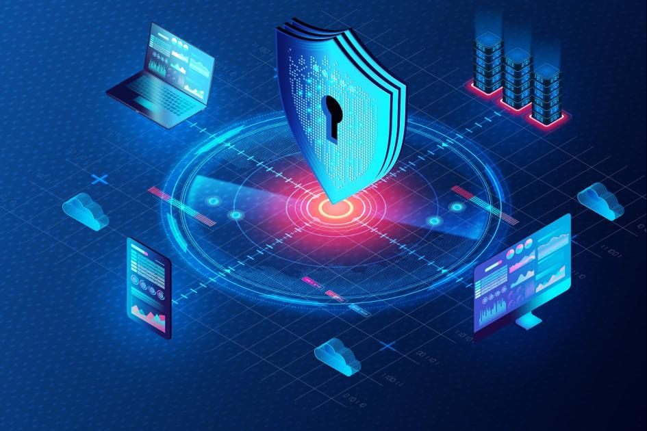 abstrakcyjna grafika z symboliką dotyczącą cyberbezpieczeństwa