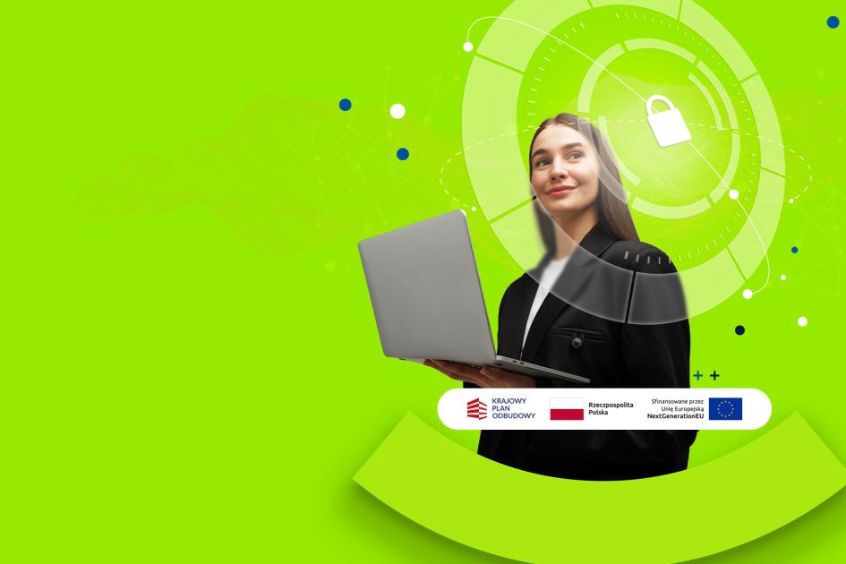 kobieta trzyma laptop, jest na limonkowym tle, wokół są umieszczone okręgi i symbol zamkniętej kłódki