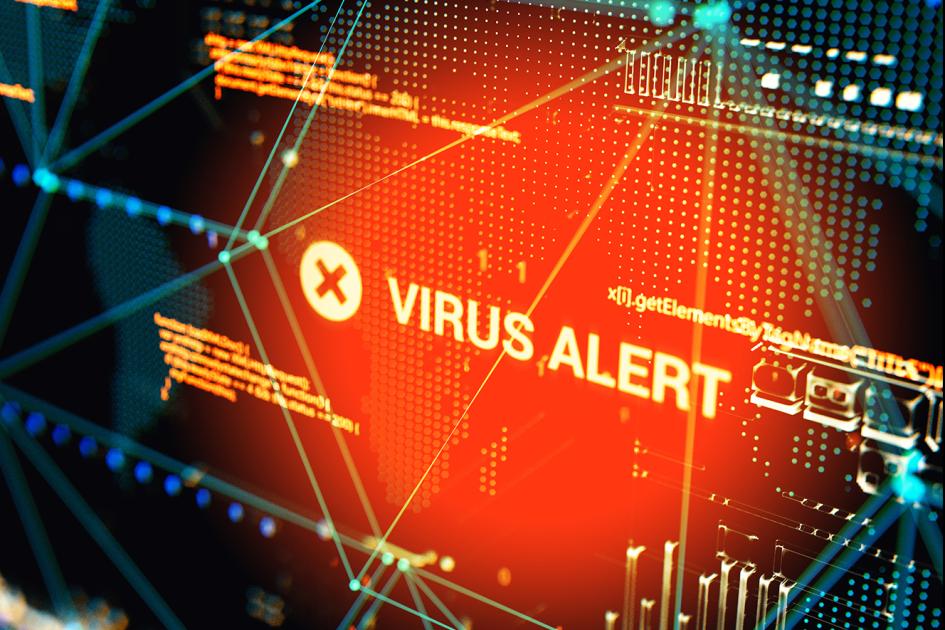 napisy i na pierwszym planie napis Virus Alert podświetlony na czerwono