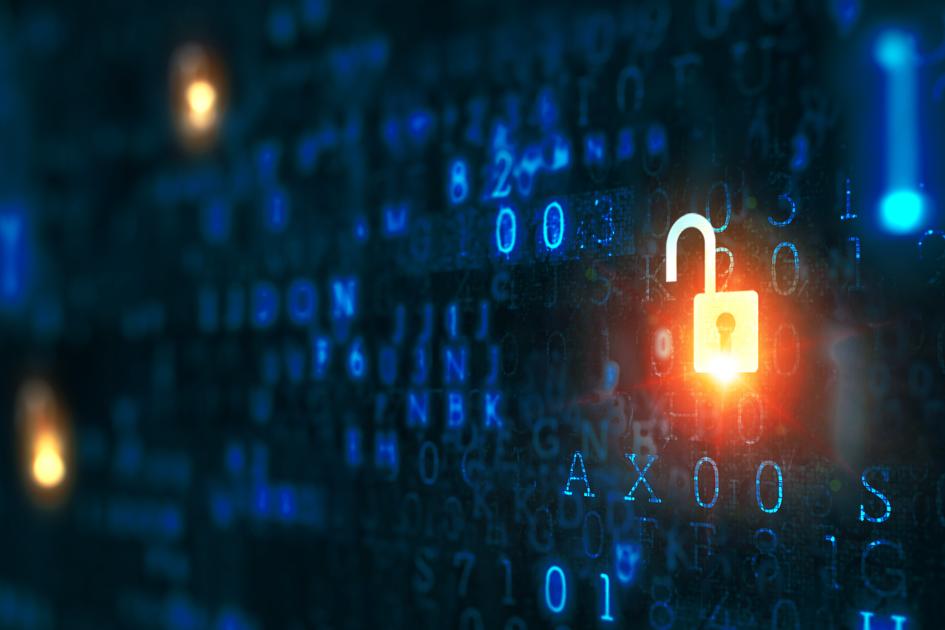 niebieskie ikony na ciemnogranatowym tle, na pierwszym planie podświetlona na pomarańczowo ikona otwartej kłódki