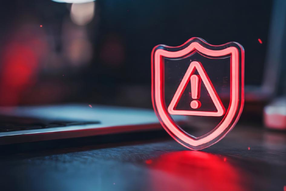 czerwona ikona tarczy z trójkątem z wykrzyknikiem w środku na tle laptopa