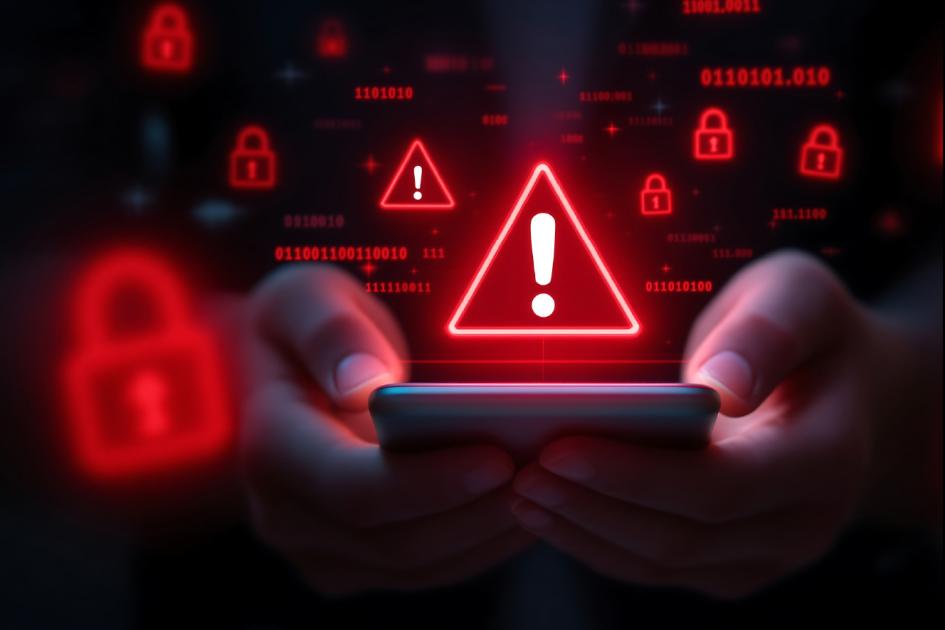 zerwony trójkąt z wykrzyknikiem unosi się nad smartfonem