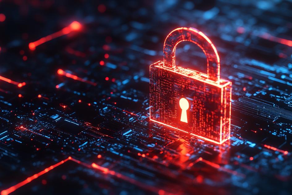 czerwona cyfrowa kłódka na tle graficznych układów scalonych