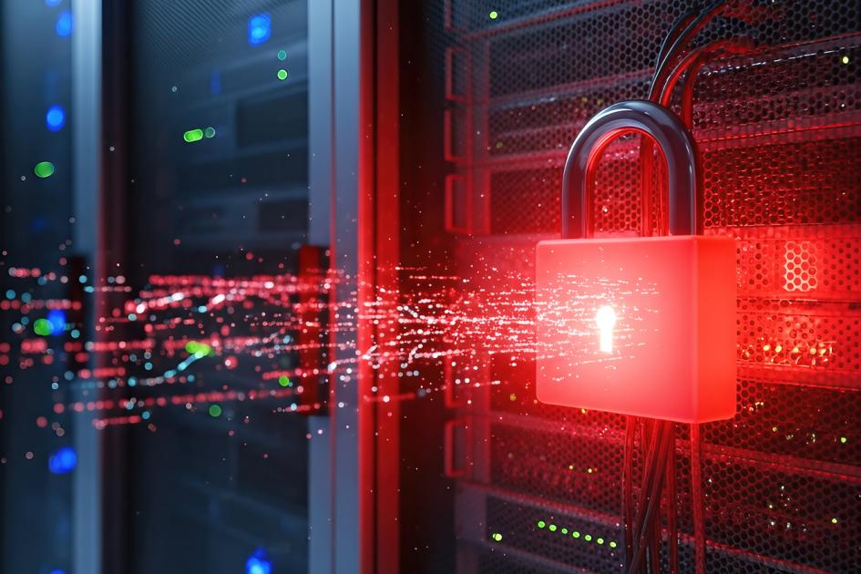 czerwona cyfrowa kłódka na szafce z serwerem, a której przez dziurkę od klucza wypływają dane