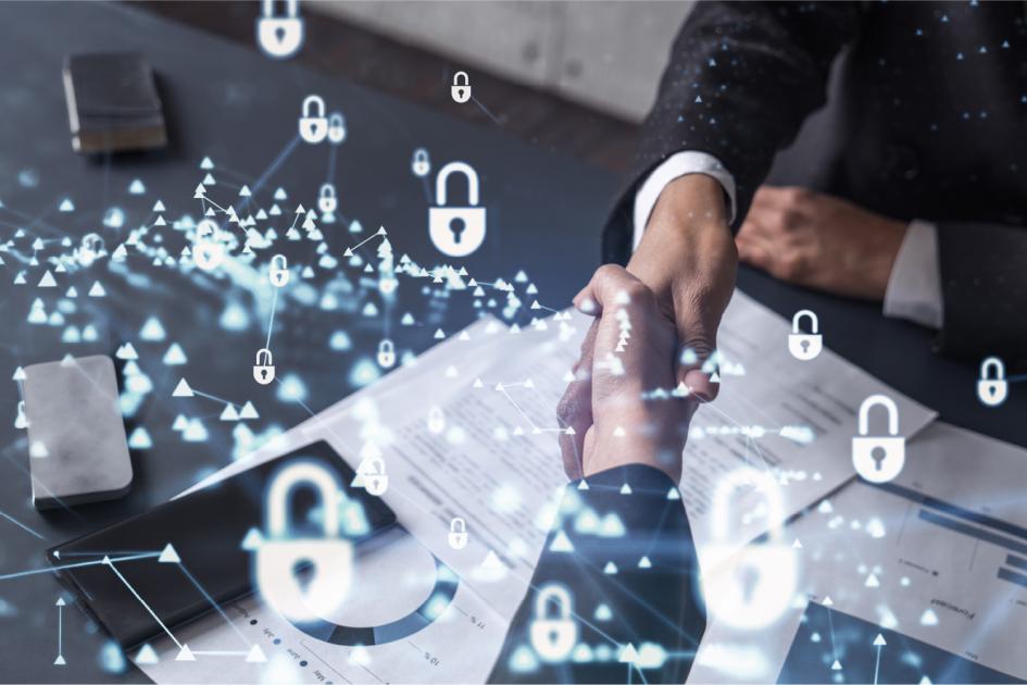 uściśnięte ręce i dużo ikon białych kłódek