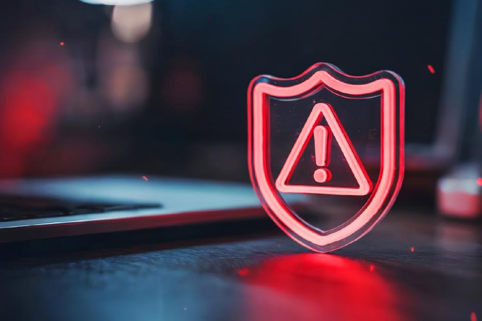 czerwony trójkąt z wykrzyknikiem w środku unosi się nad klawiaturą laptopa