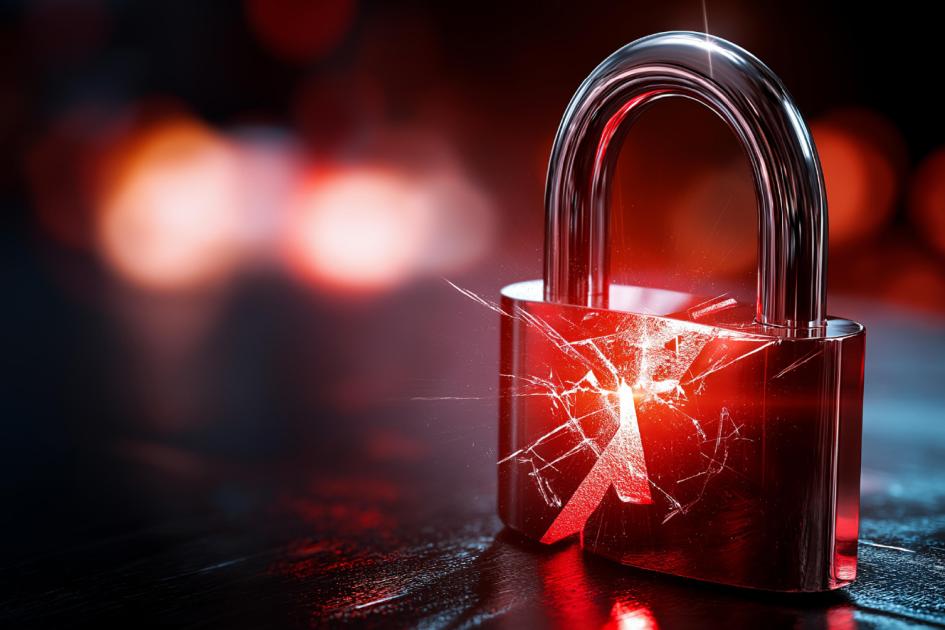 rozbita kłódka oświetlona na czerwono