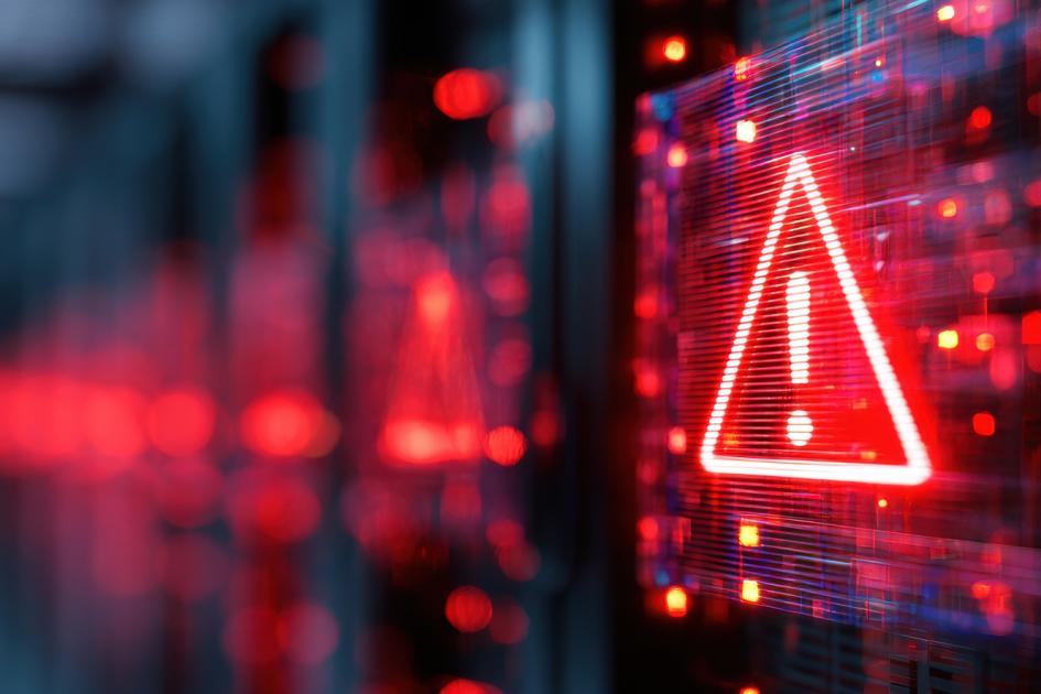czerwony trójkąt z wykrzyknikiem w środku unosi się nad klawiaturą laptopa