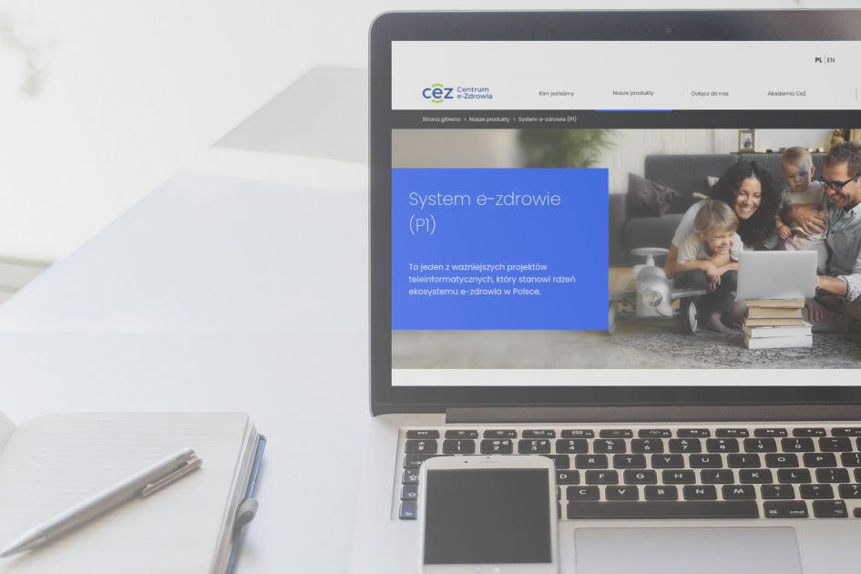 ekran laptopa z wyświetloną stroną internetową Centrum e-Zdrowia